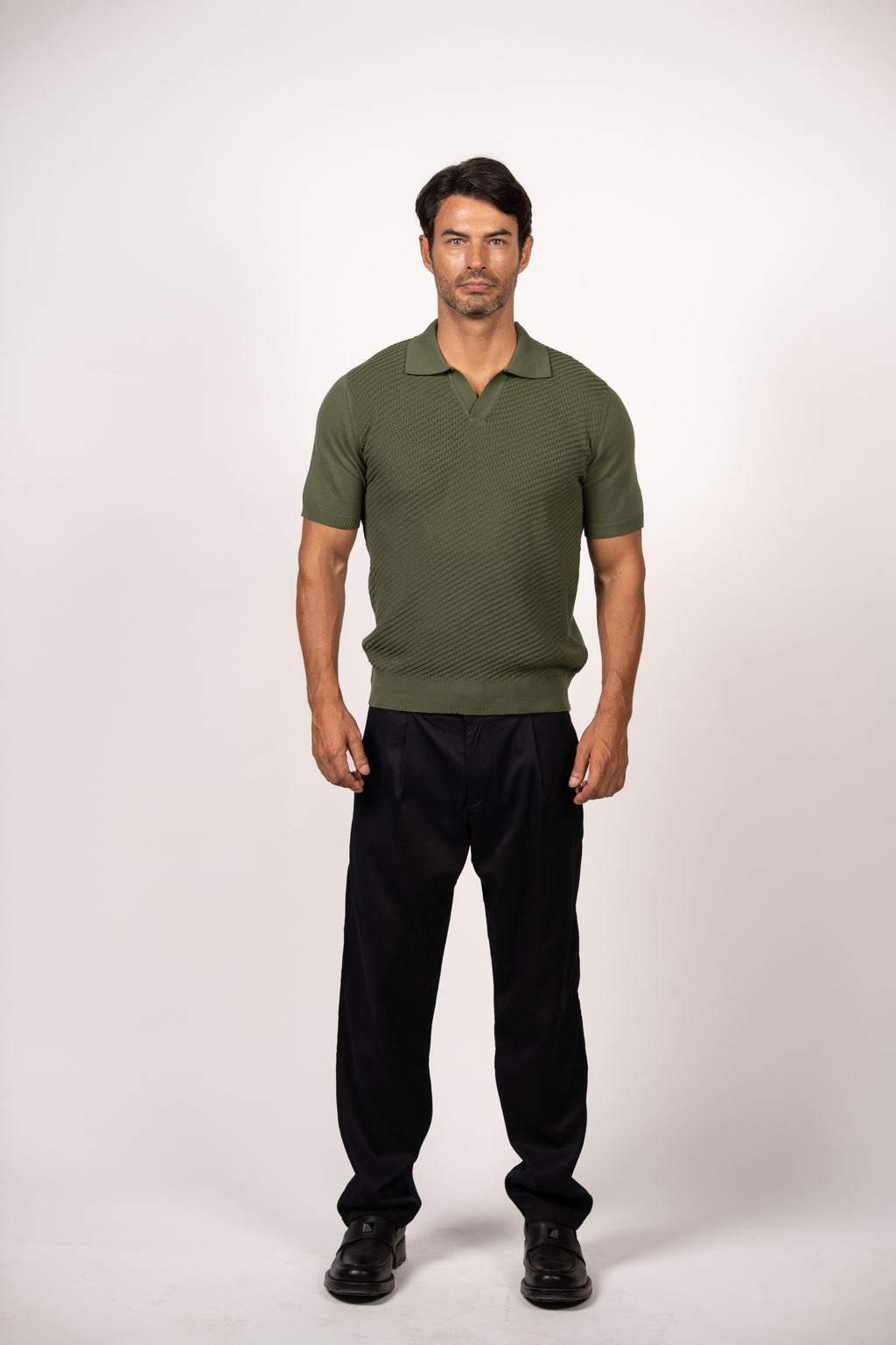 Textured Open Collar Knit Polo-Dark Green