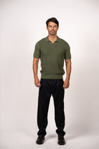 Textured Open Collar Knit Polo-Dark Green