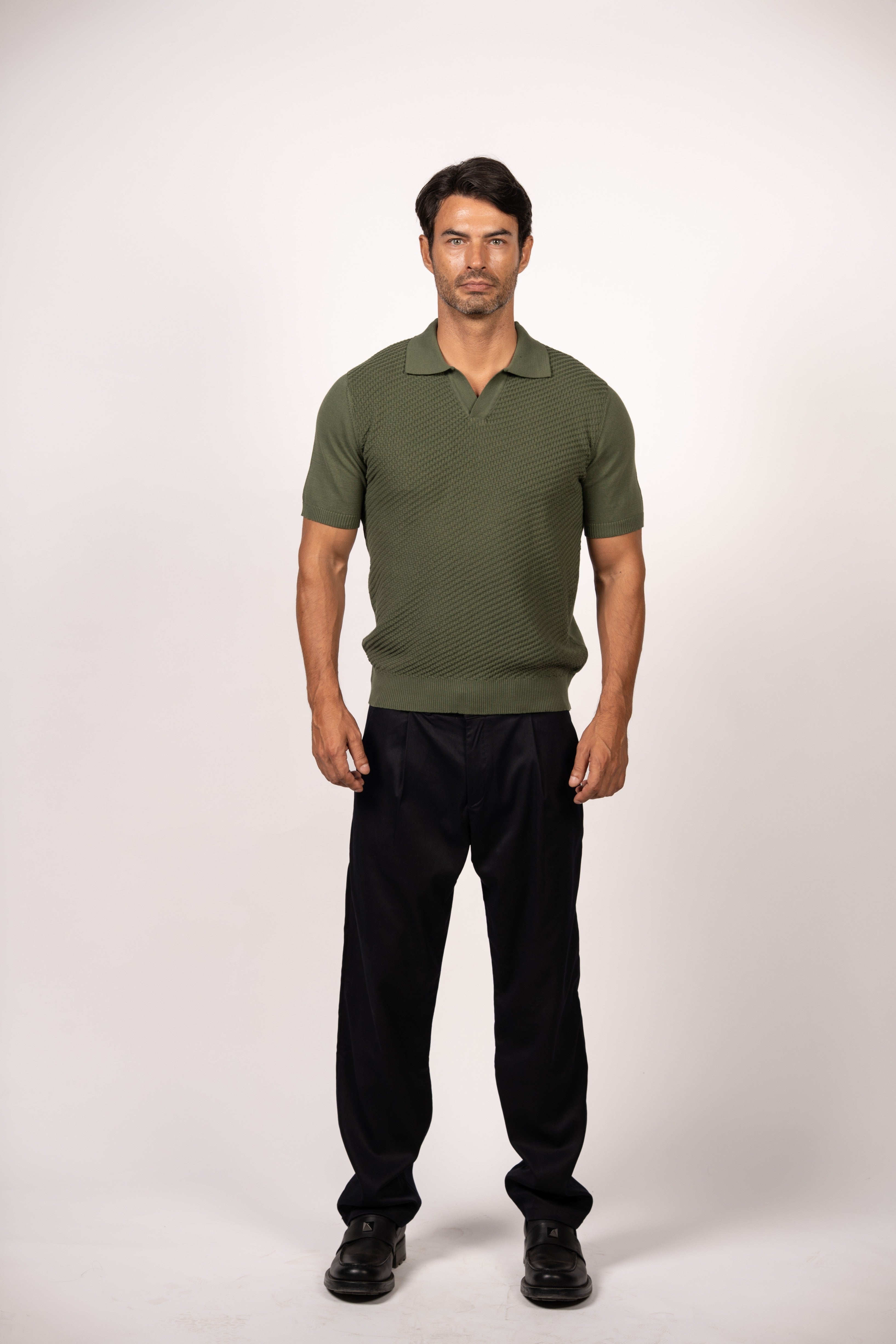Textured Open Collar Knit Polo-Dark Green
