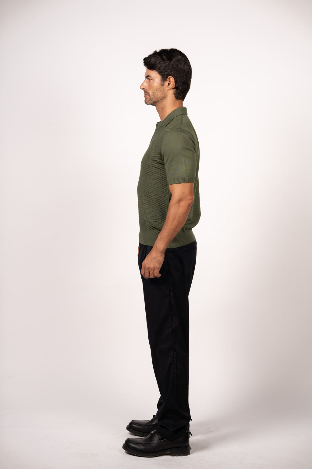 Textured Open Collar Knit Polo-Dark Green