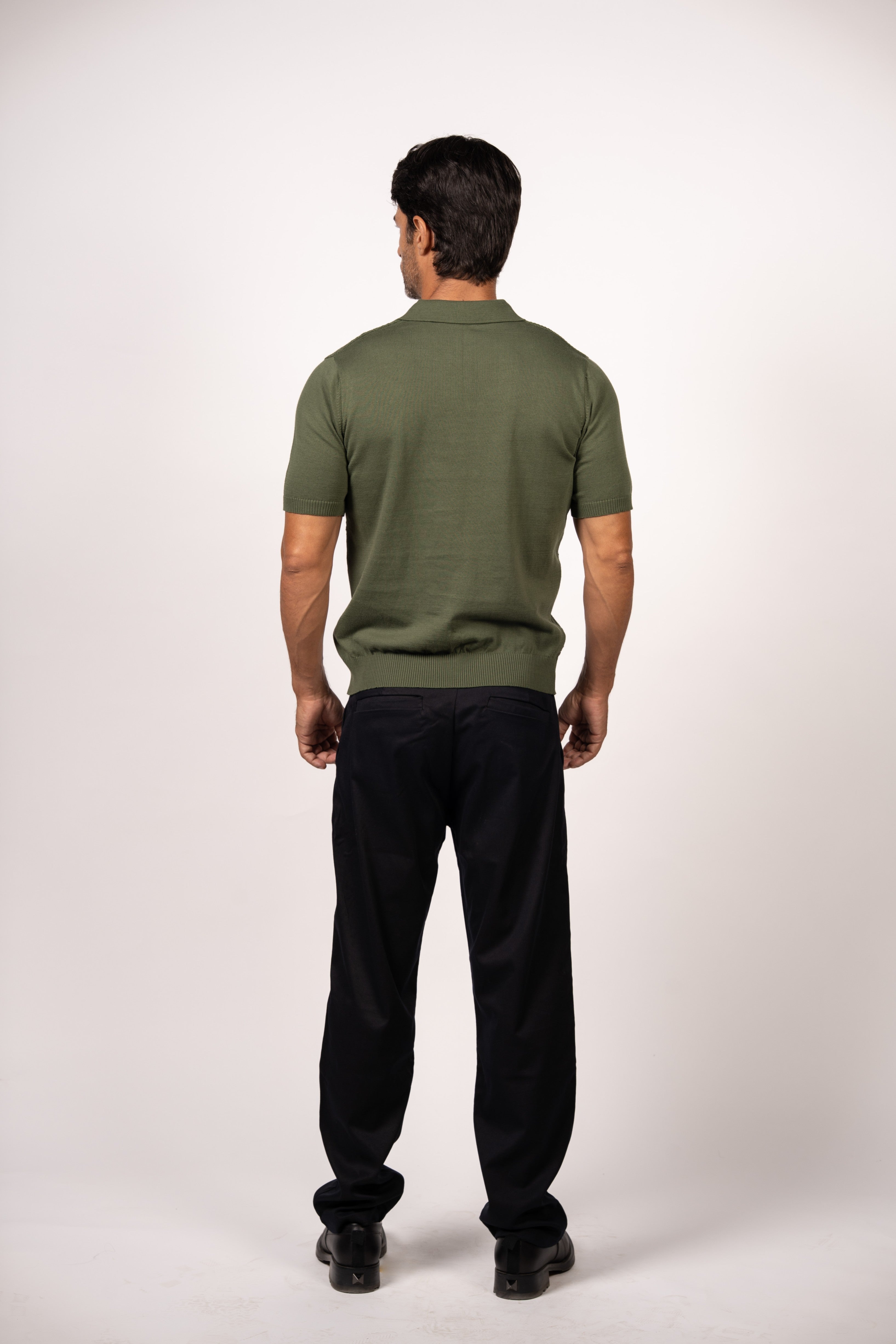 Textured Open Collar Knit Polo-Dark Green