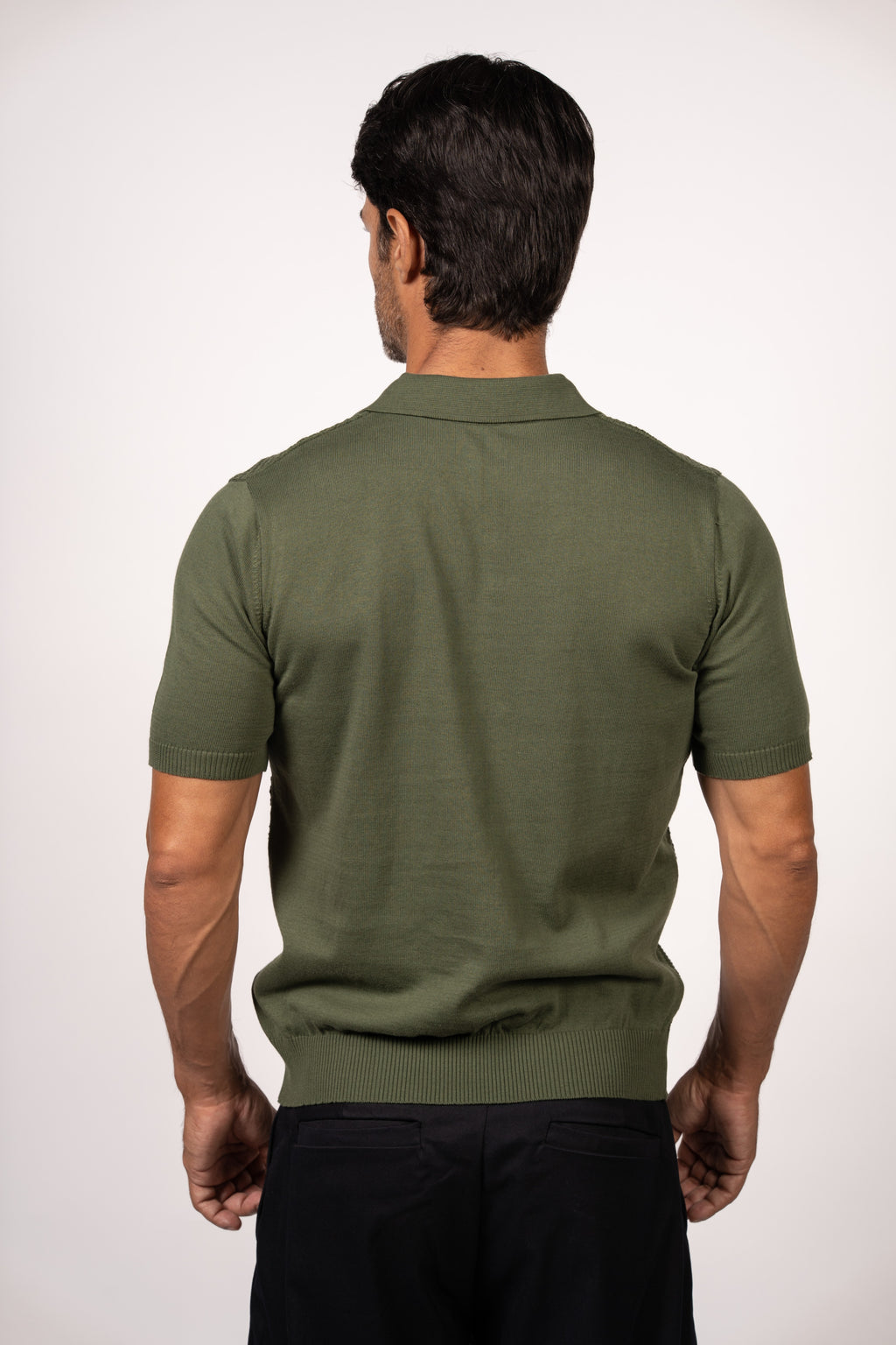 Textured Open Collar Knit Polo-Dark Green