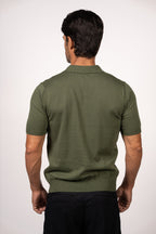 Textured Open Collar Knit Polo-Dark Green