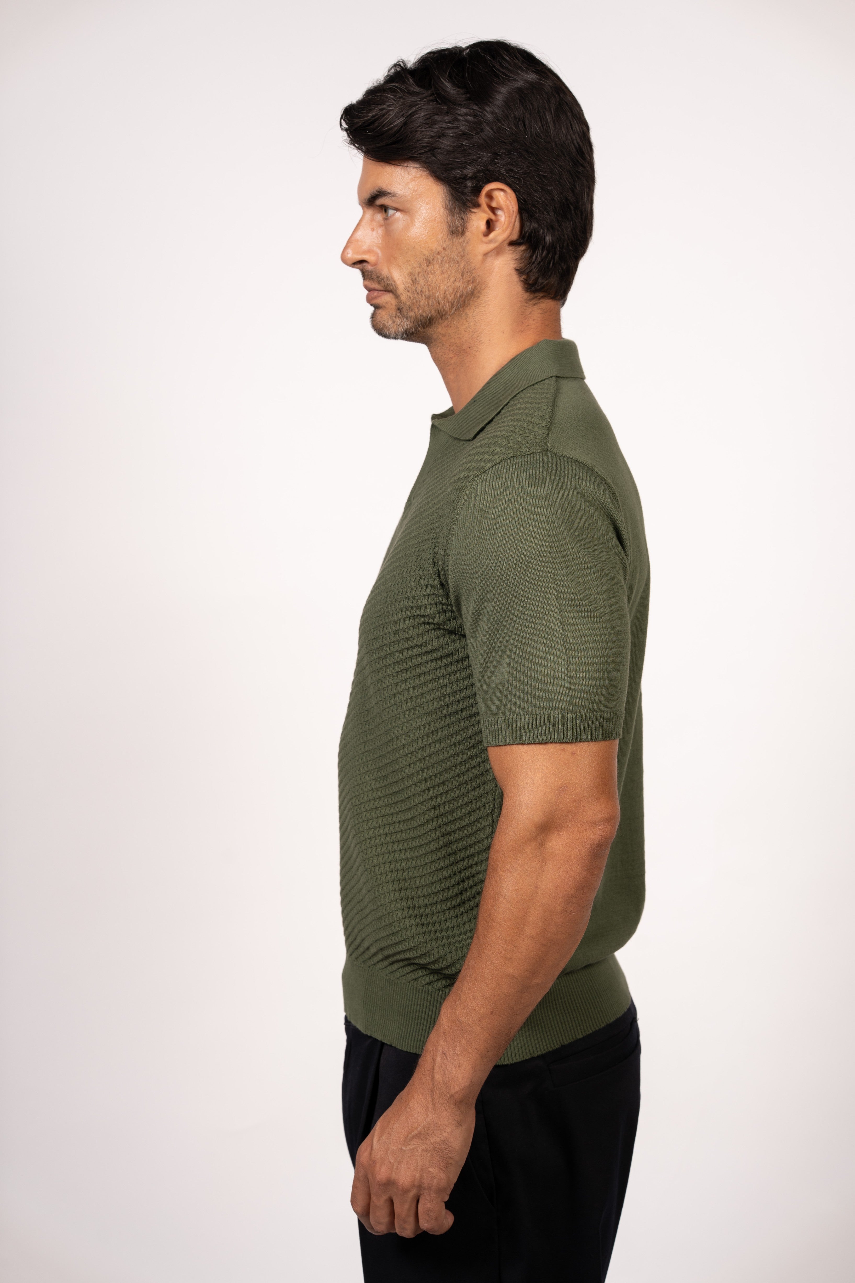 Textured Open Collar Knit Polo-Dark Green