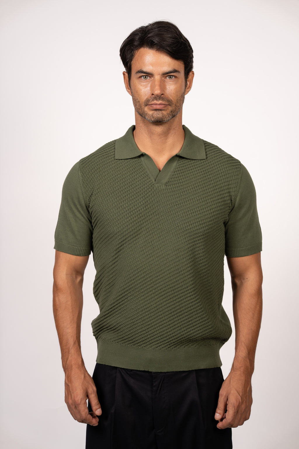 Textured Open Collar Knit Polo-Dark Green