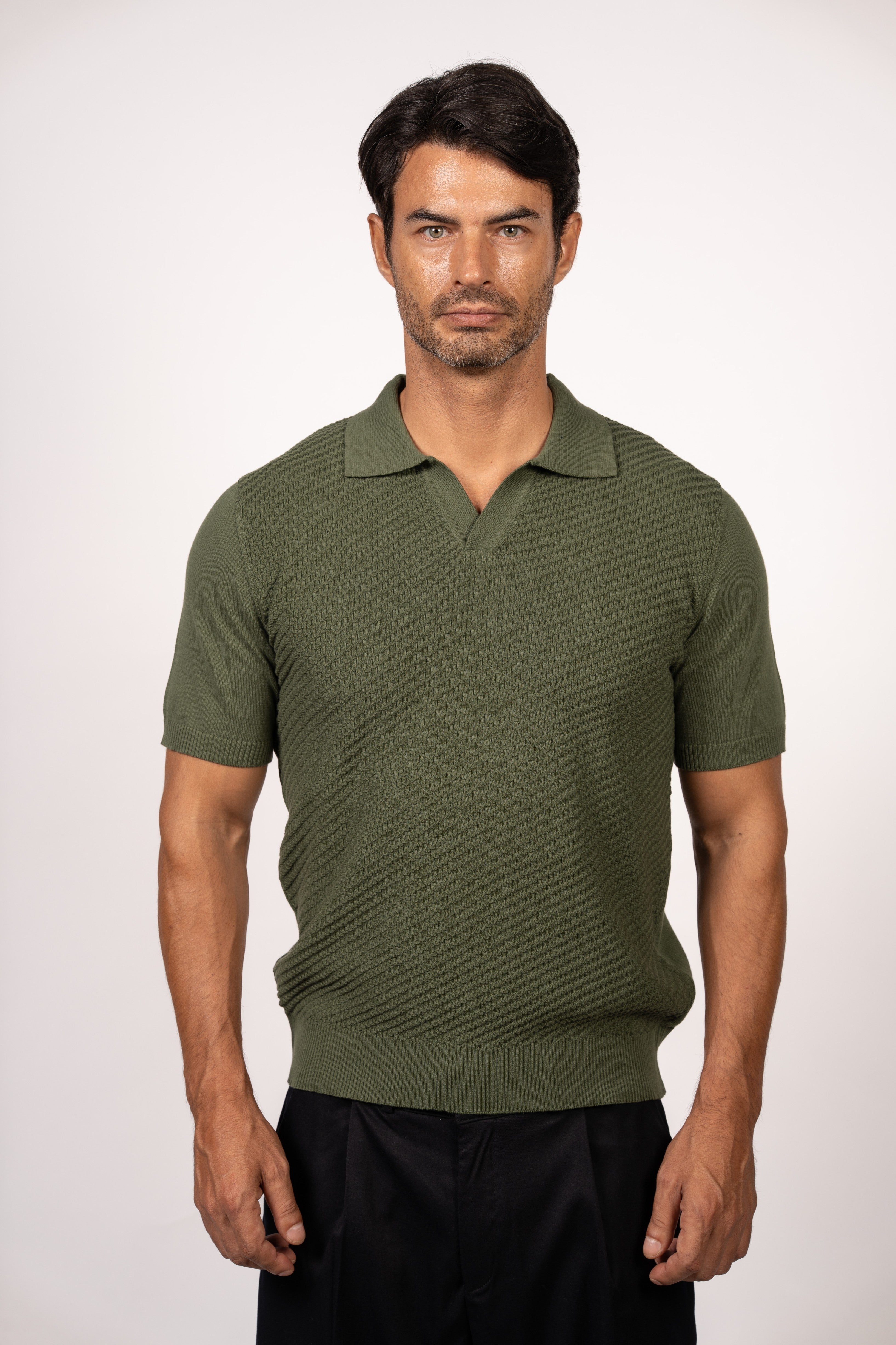 Textured Open Collar Knit Polo-Dark Green