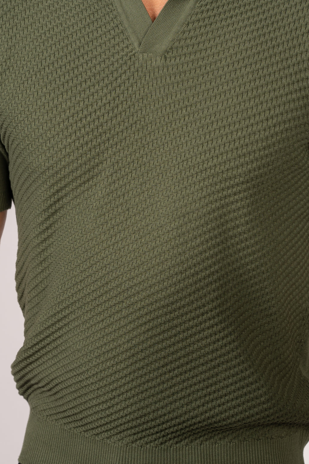 Textured Open Collar Knit Polo-Dark Green
