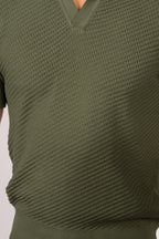 Textured Open Collar Knit Polo-Dark Green