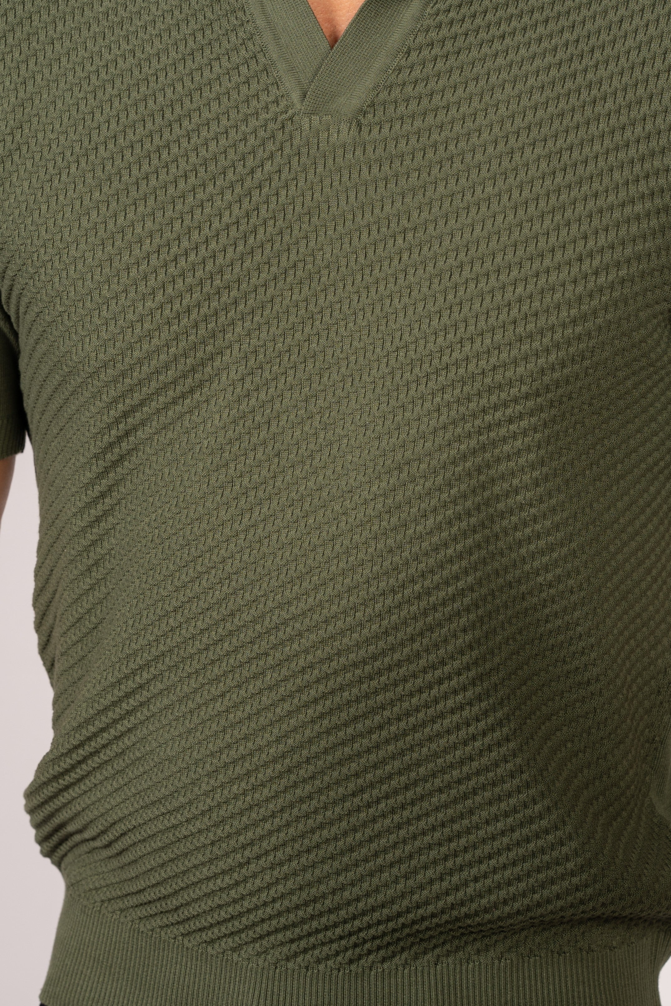 Textured Open Collar Knit Polo-Dark Green