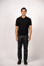 Vertical Textured Knit Buttoned Polo-Black