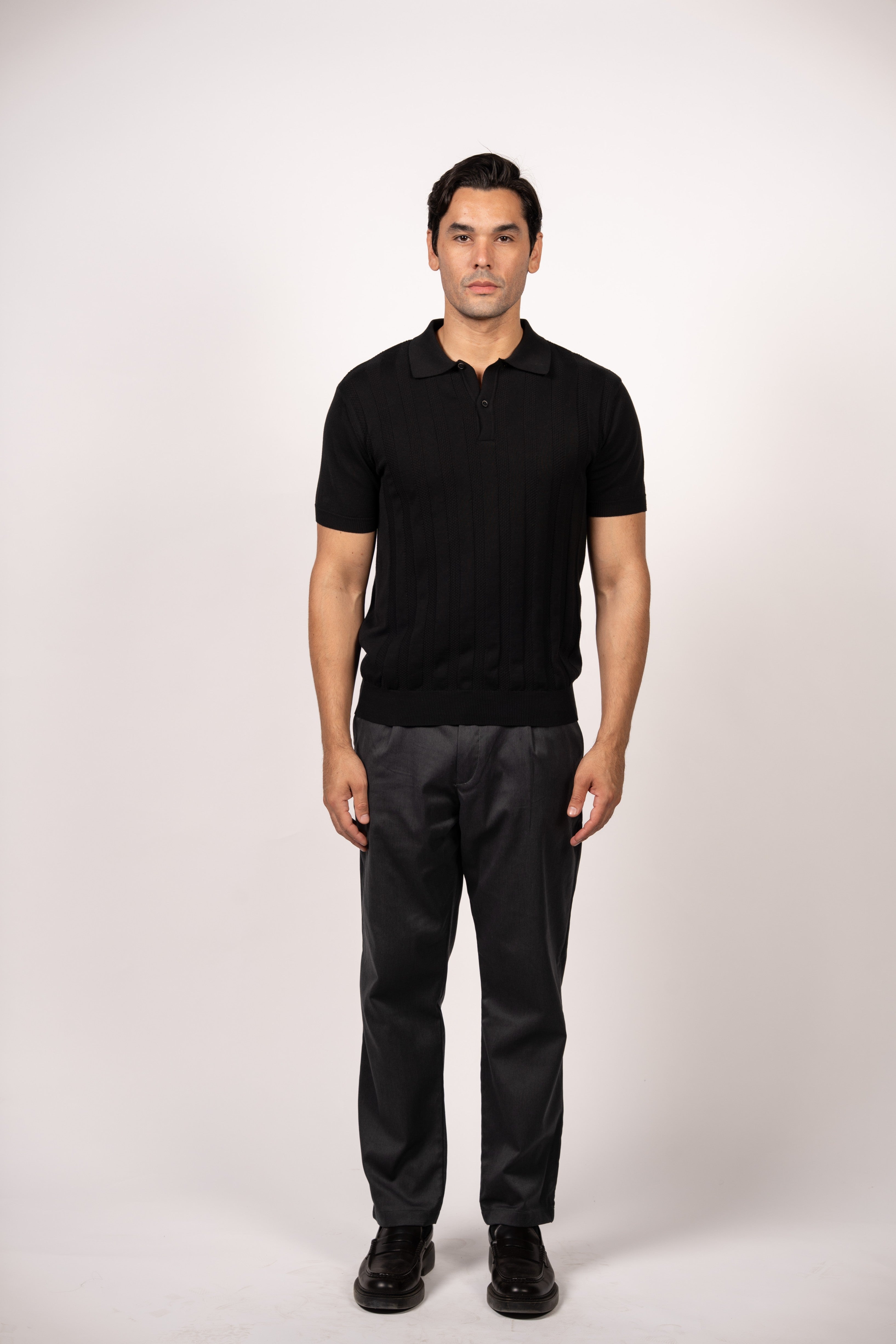 Vertical Textured Knit Buttoned Polo-Black
