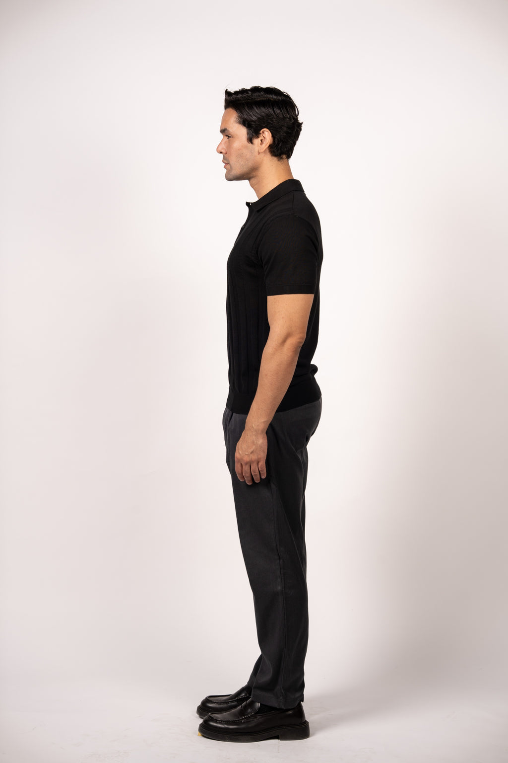 Vertical Textured Knit Buttoned Polo-Black