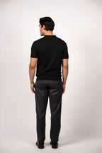Vertical Textured Knit Buttoned Polo-Black