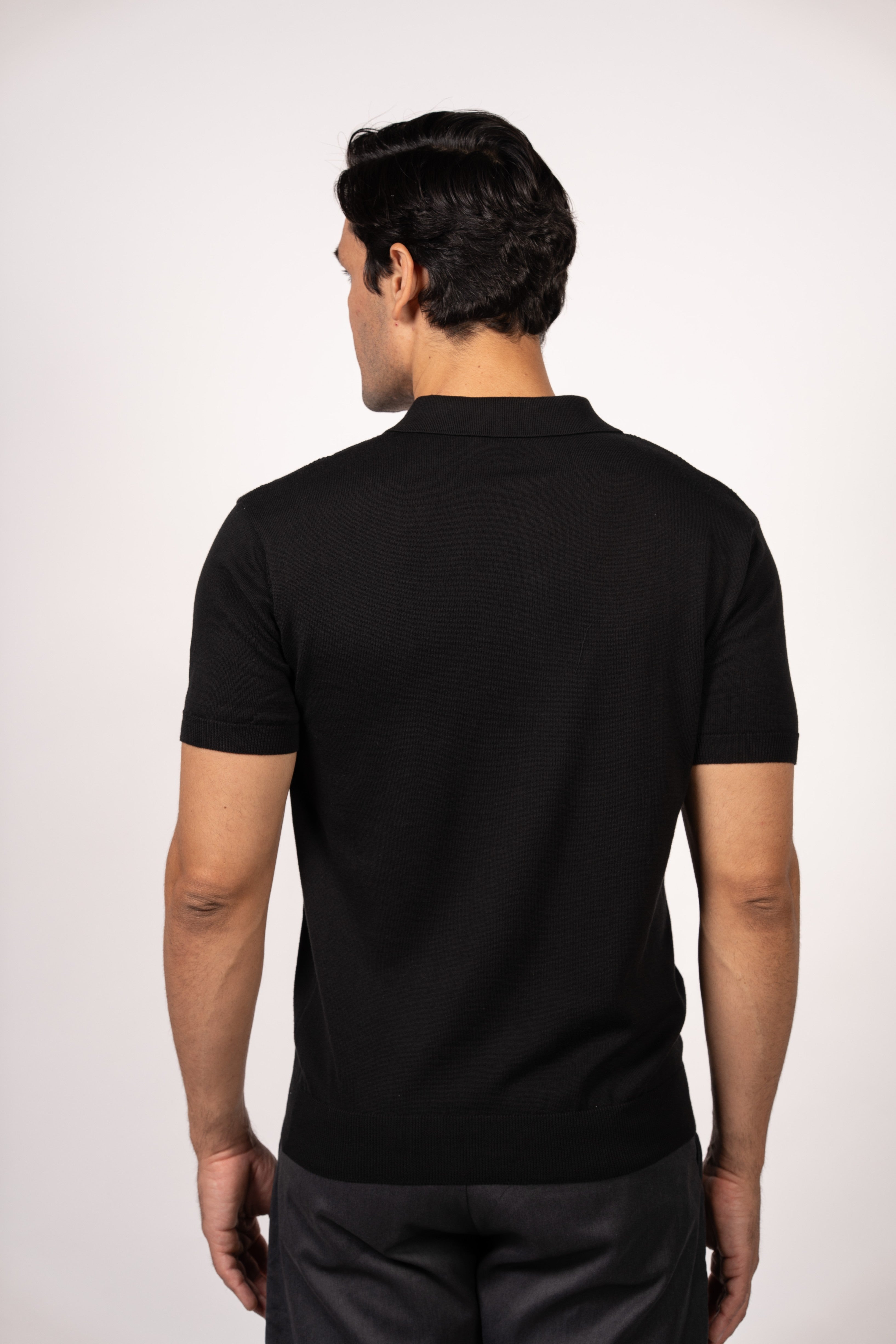 Vertical Textured Knit Buttoned Polo-Black