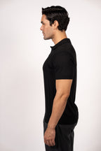 Vertical Textured Knit Buttoned Polo-Black