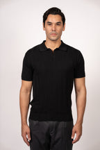 Vertical Textured Knit Buttoned Polo-Black