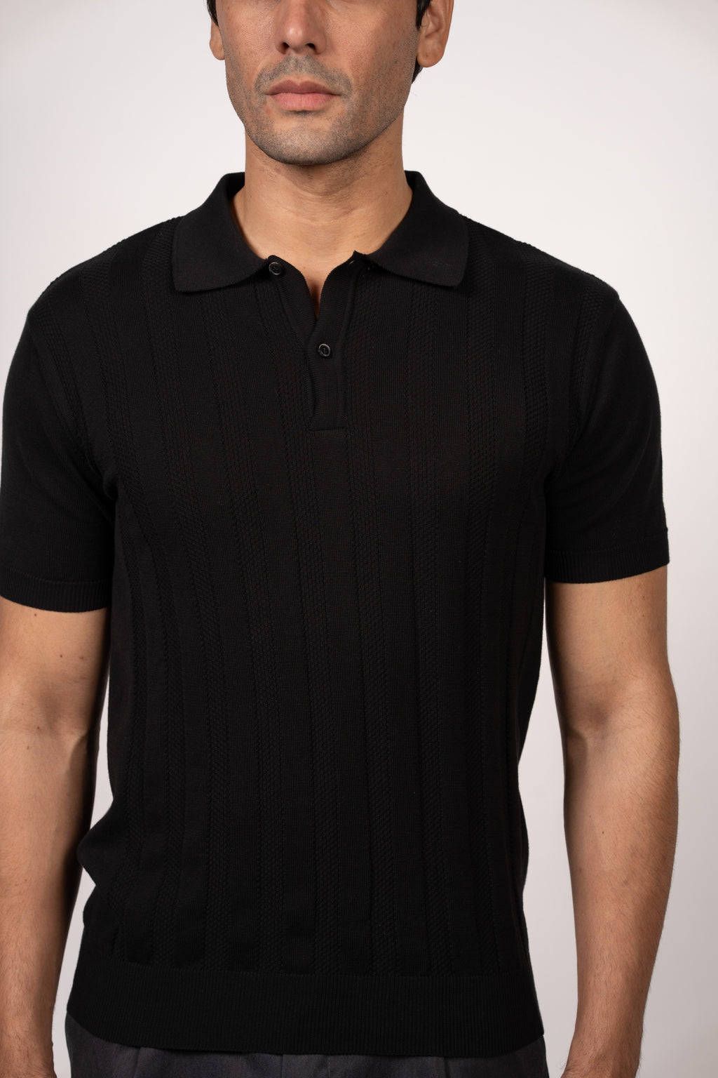 Vertical Textured Knit Buttoned Polo-Black