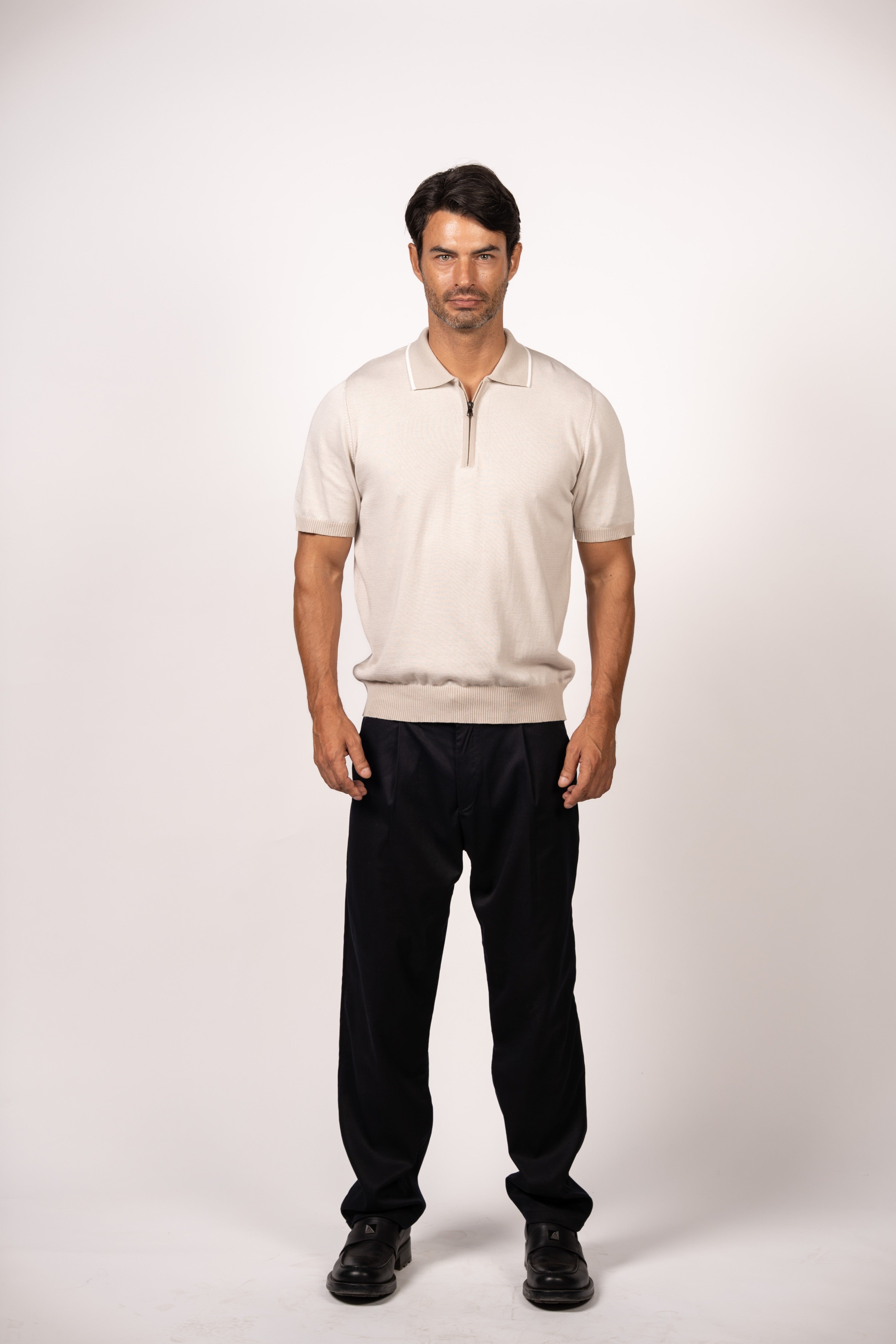 Patterned Knit Zipper Polo-Beige