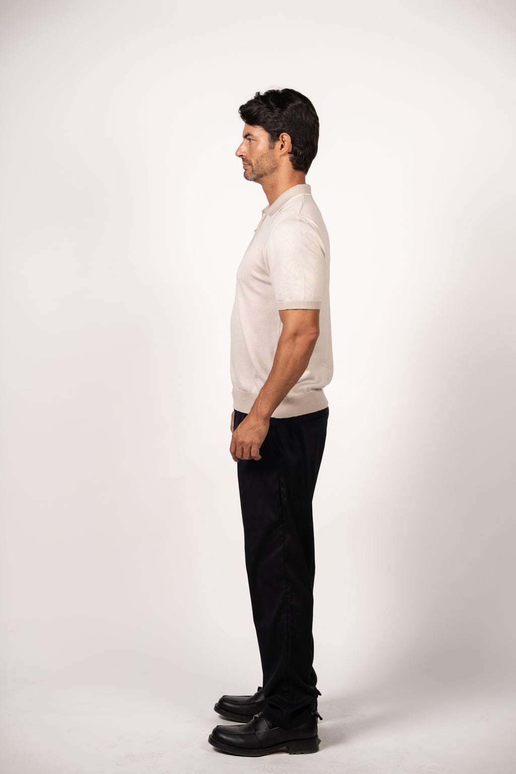 Patterned Knit Zipper Polo-Beige