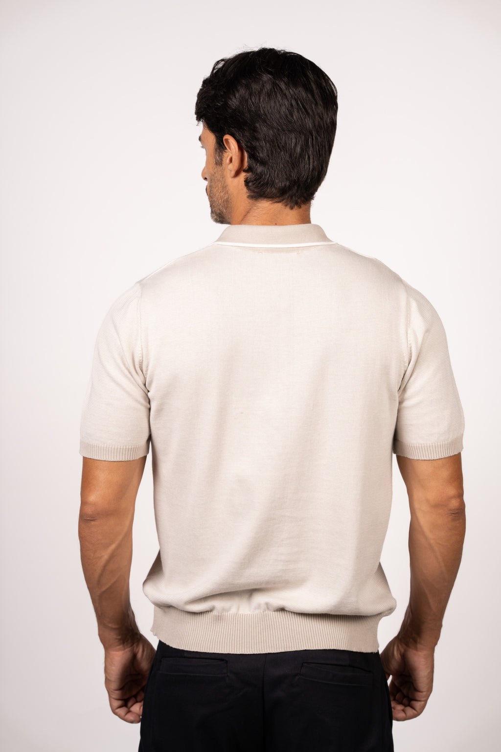 Patterned Knit Zipper Polo-Beige