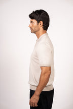 Patterned Knit Zipper Polo-Beige