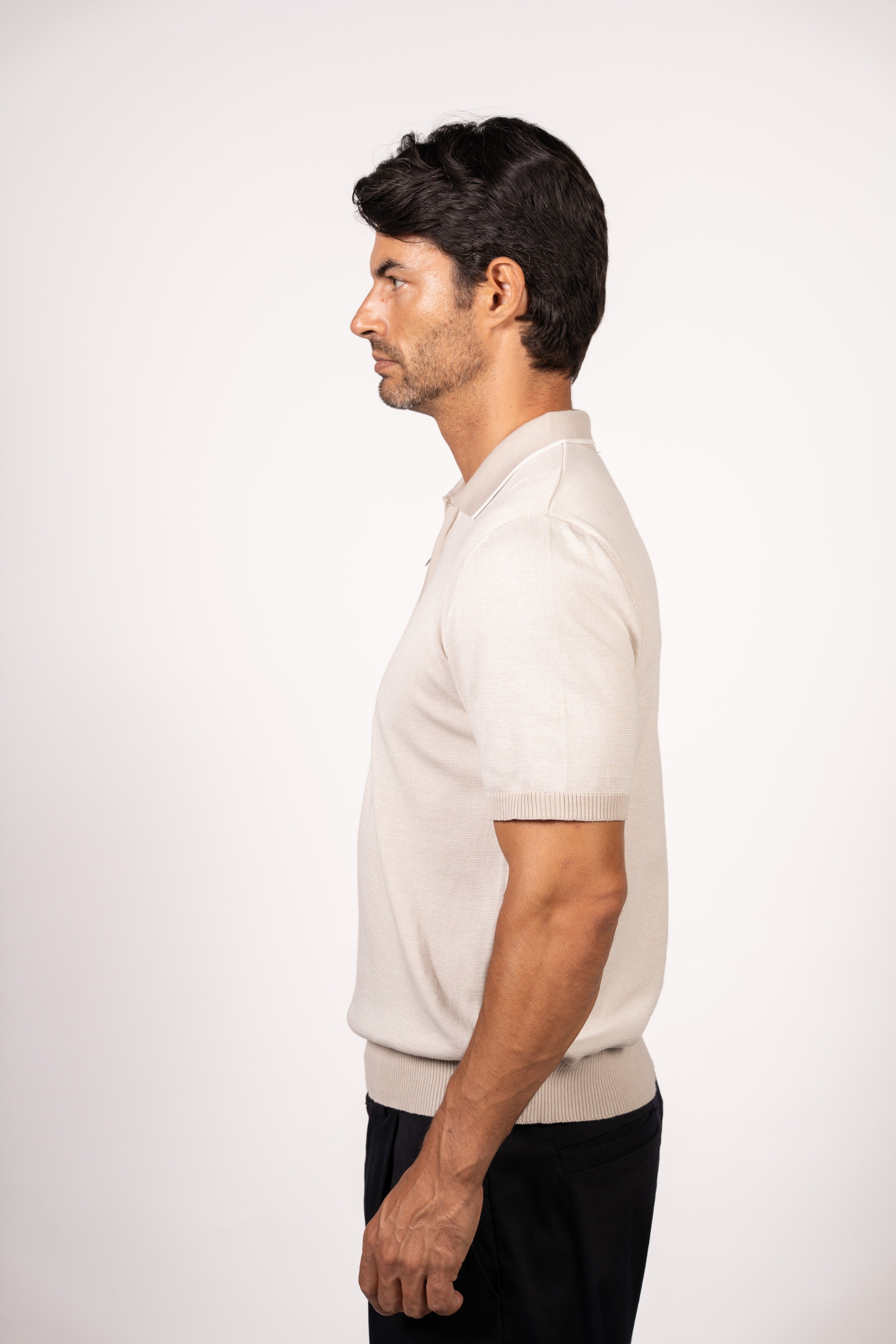 Patterned Knit Zipper Polo-Beige