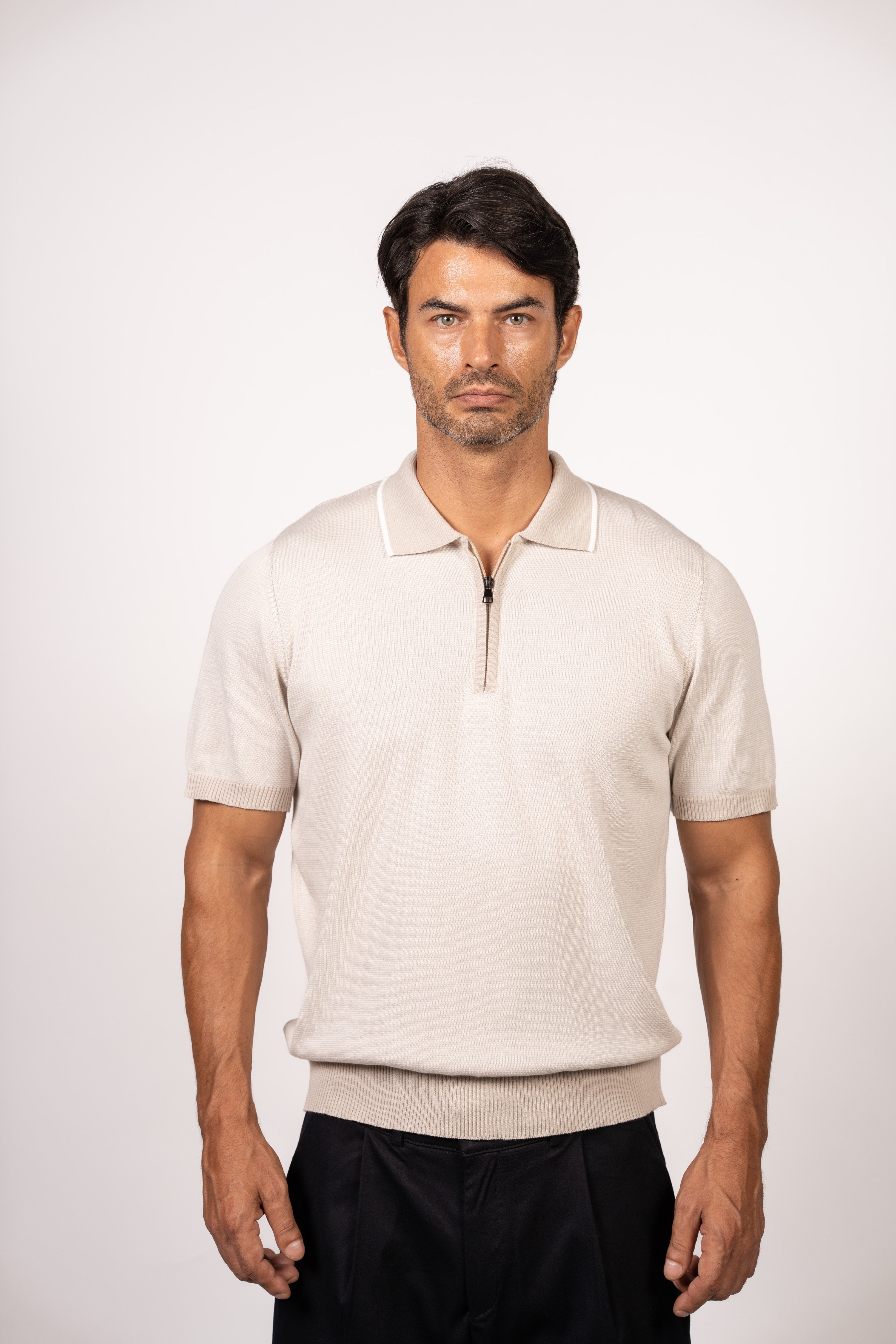 Patterned Knit Zipper Polo-Beige