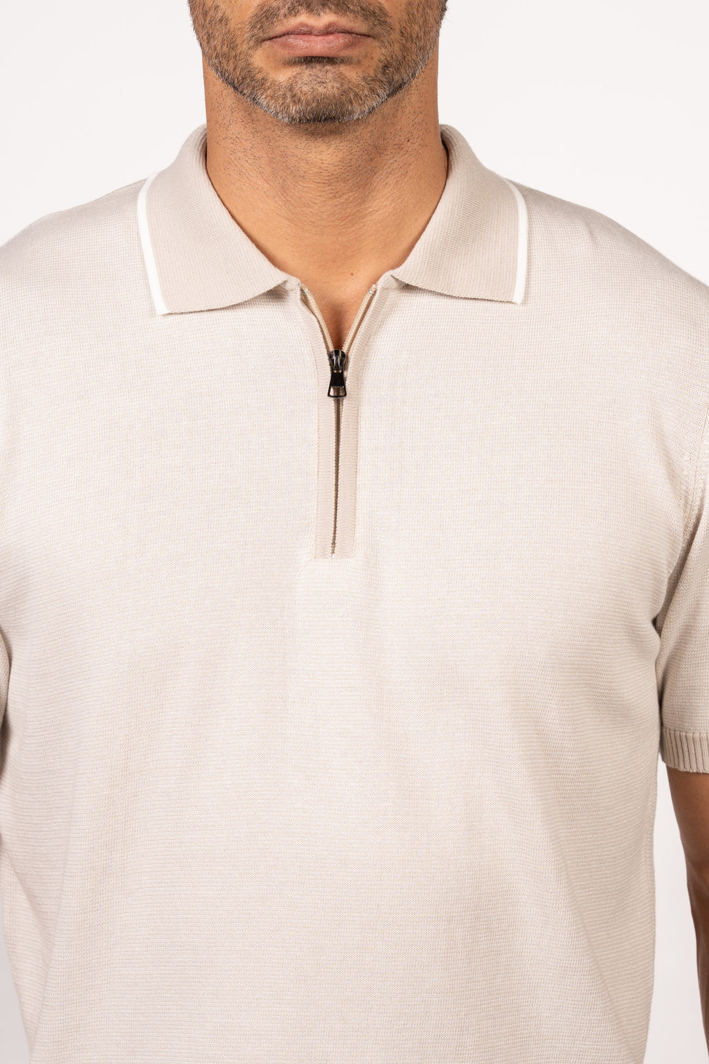 Patterned Knit Zipper Polo-Beige