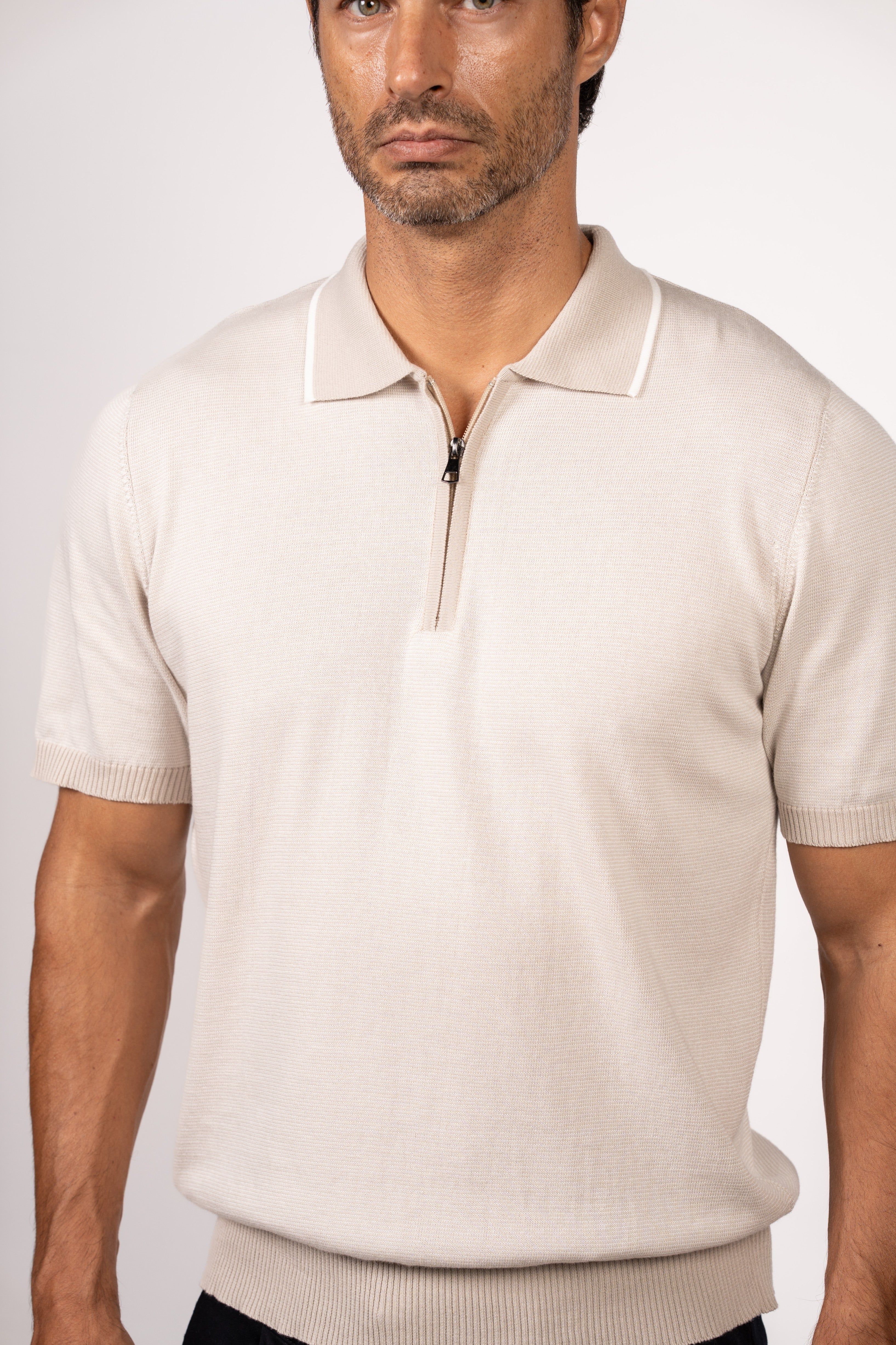 Patterned Knit Zipper Polo-Beige