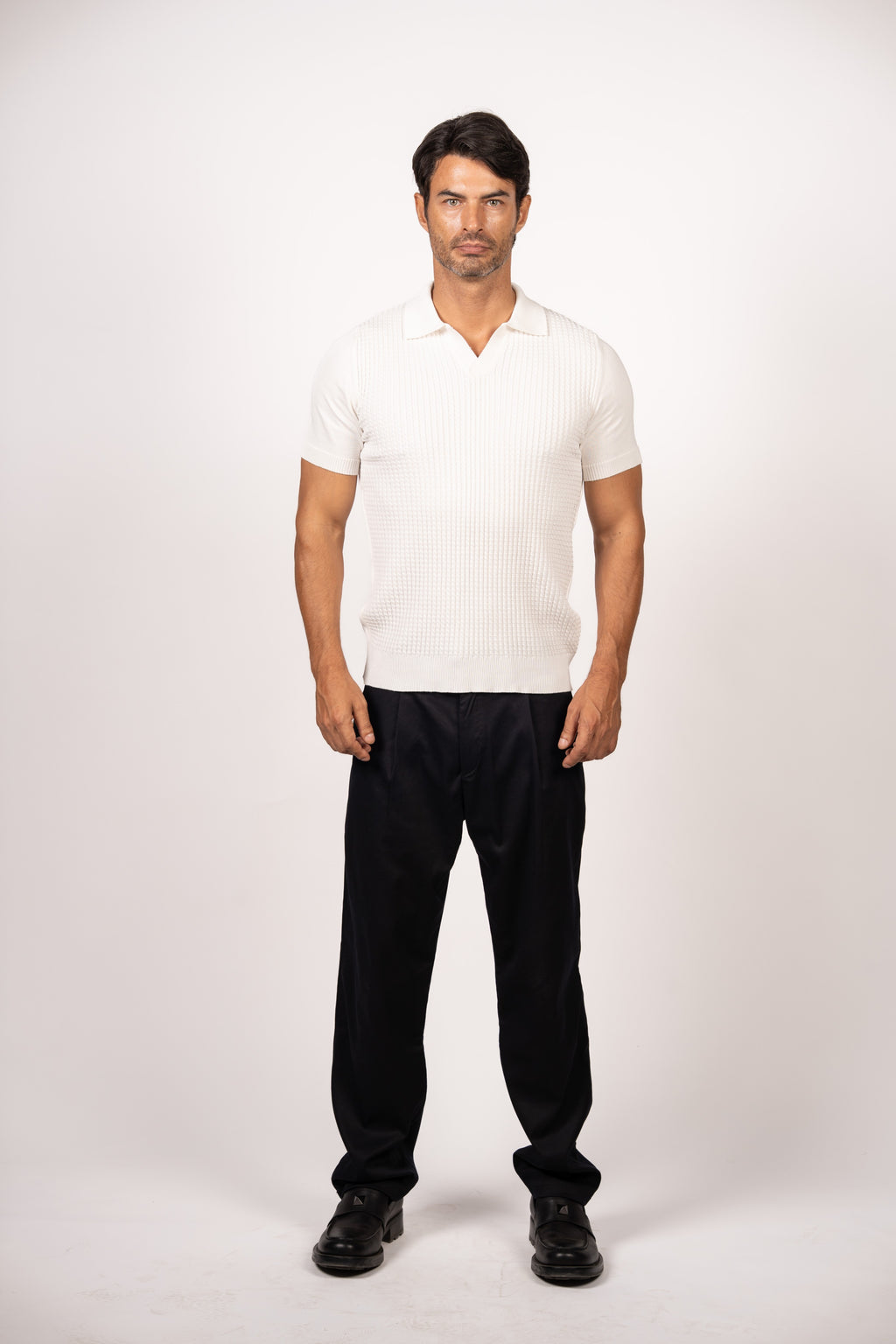 Braided Open Collar Knit Polo-White