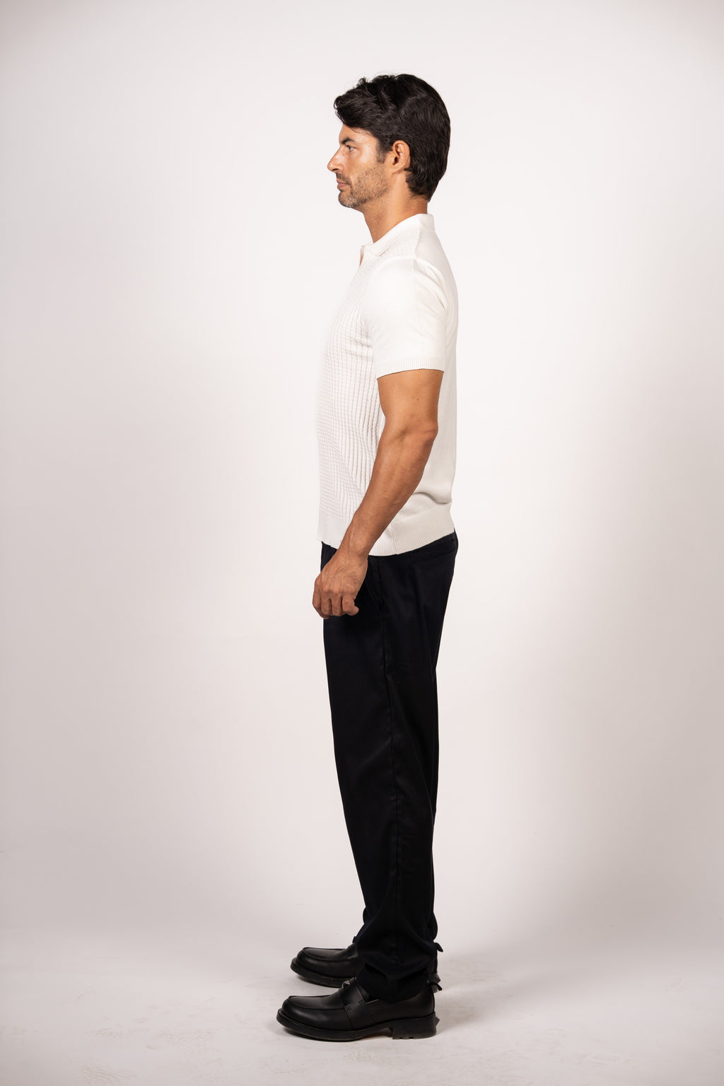 Braided Open Collar Knit Polo-White