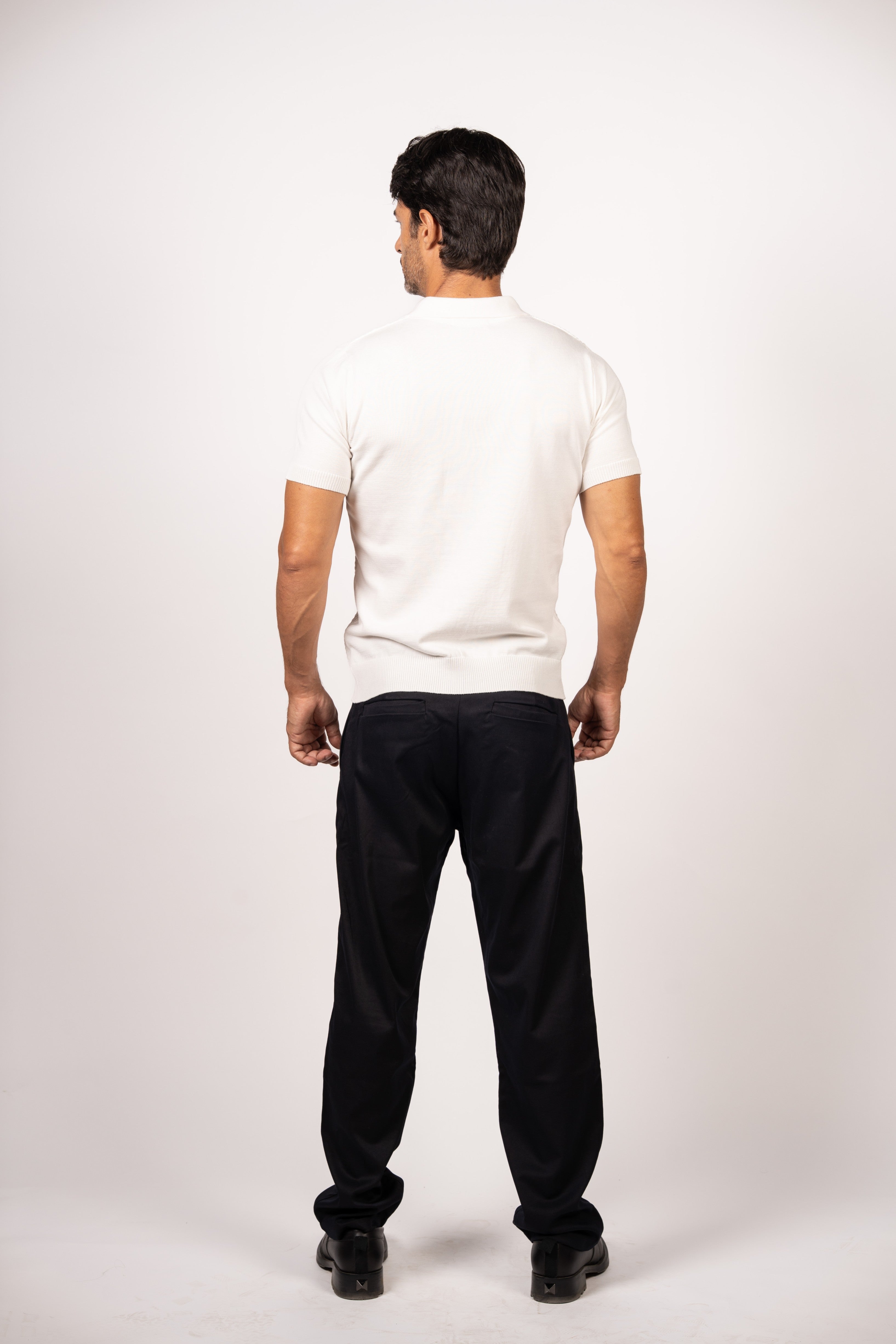 Braided Open Collar Knit Polo-White