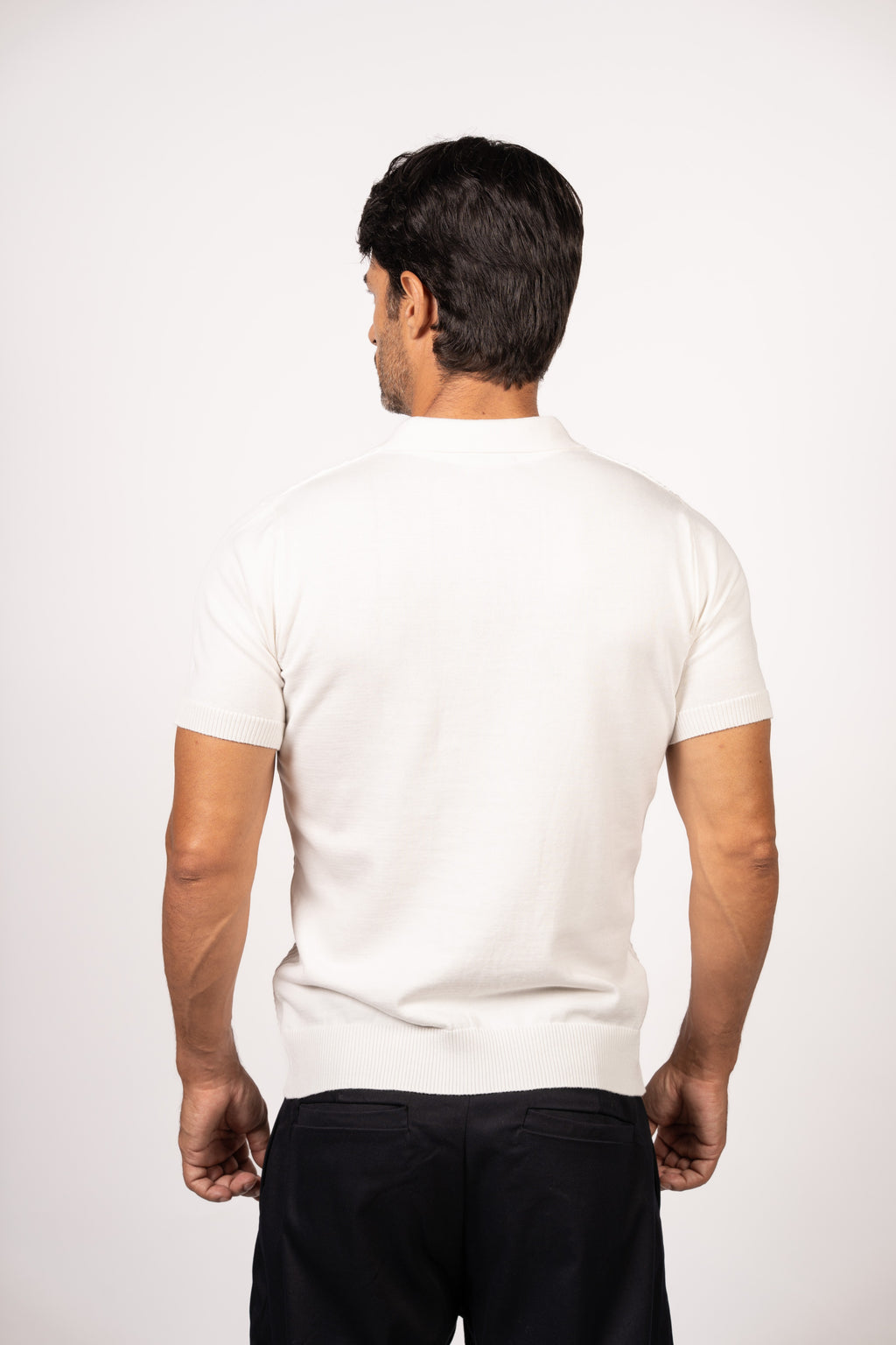 Braided Open Collar Knit Polo-White