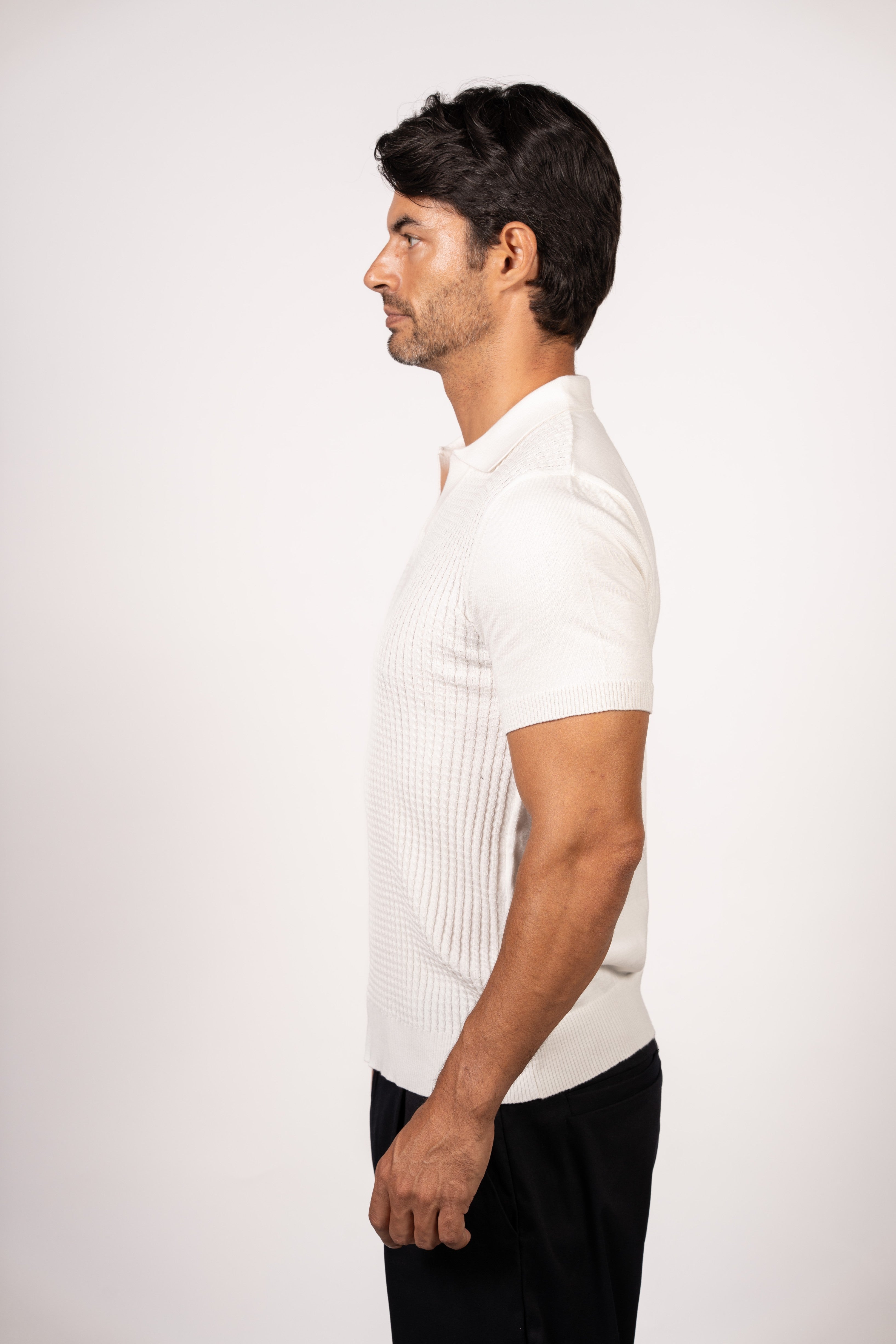Braided Open Collar Knit Polo-White
