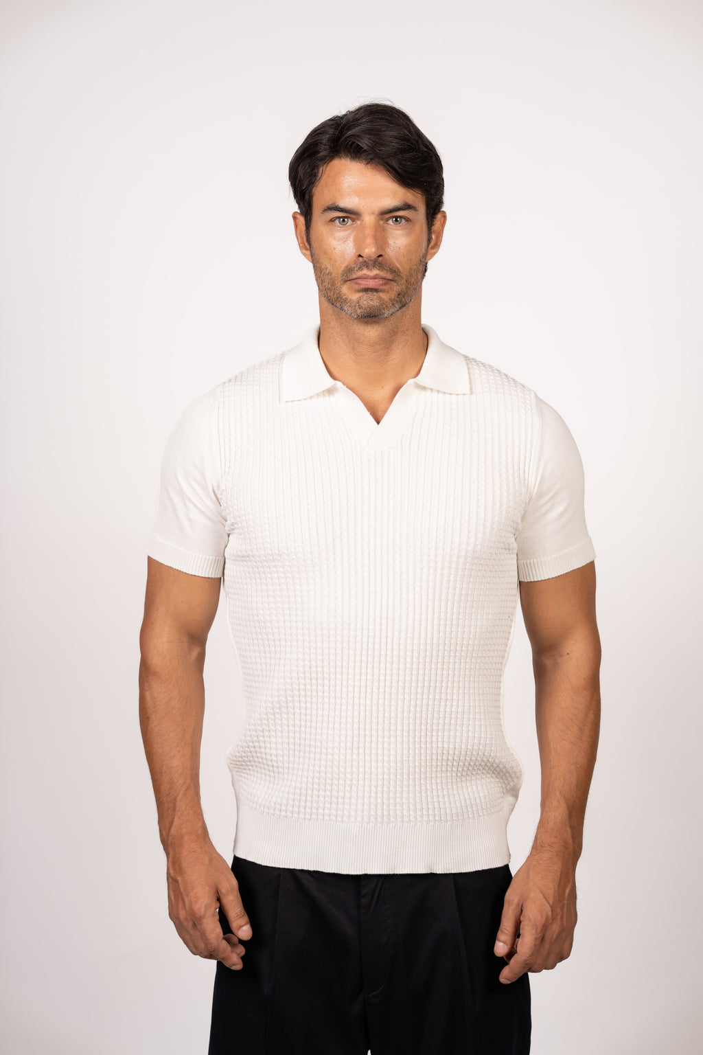 Braided Open Collar Knit Polo-White