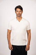 Braided Open Collar Knit Polo-White