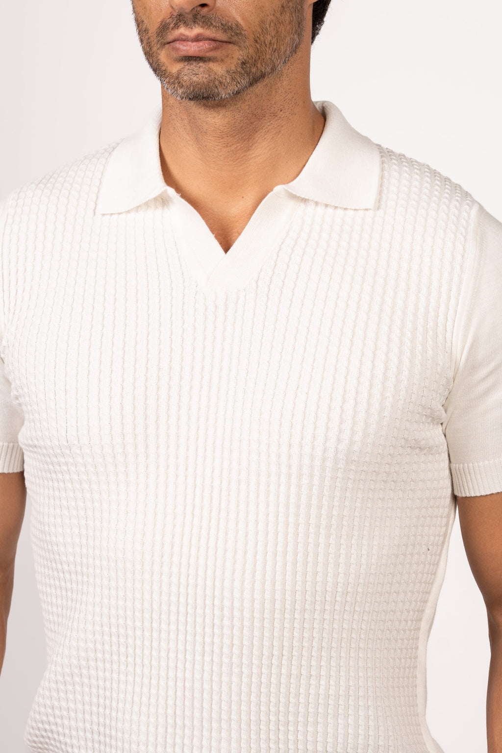 Braided Open Collar Knit Polo-White