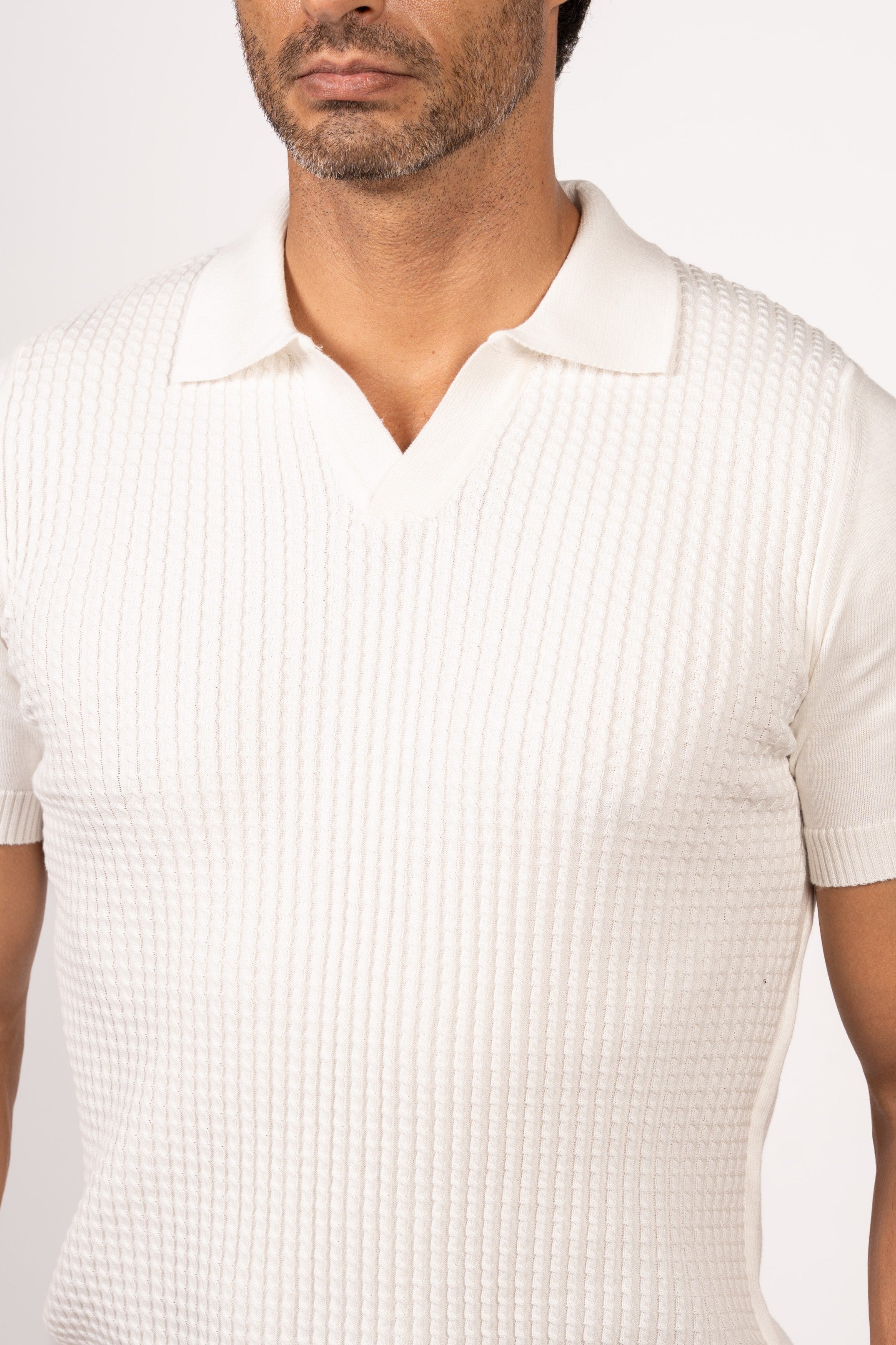 Braided Open Collar Knit Polo-White