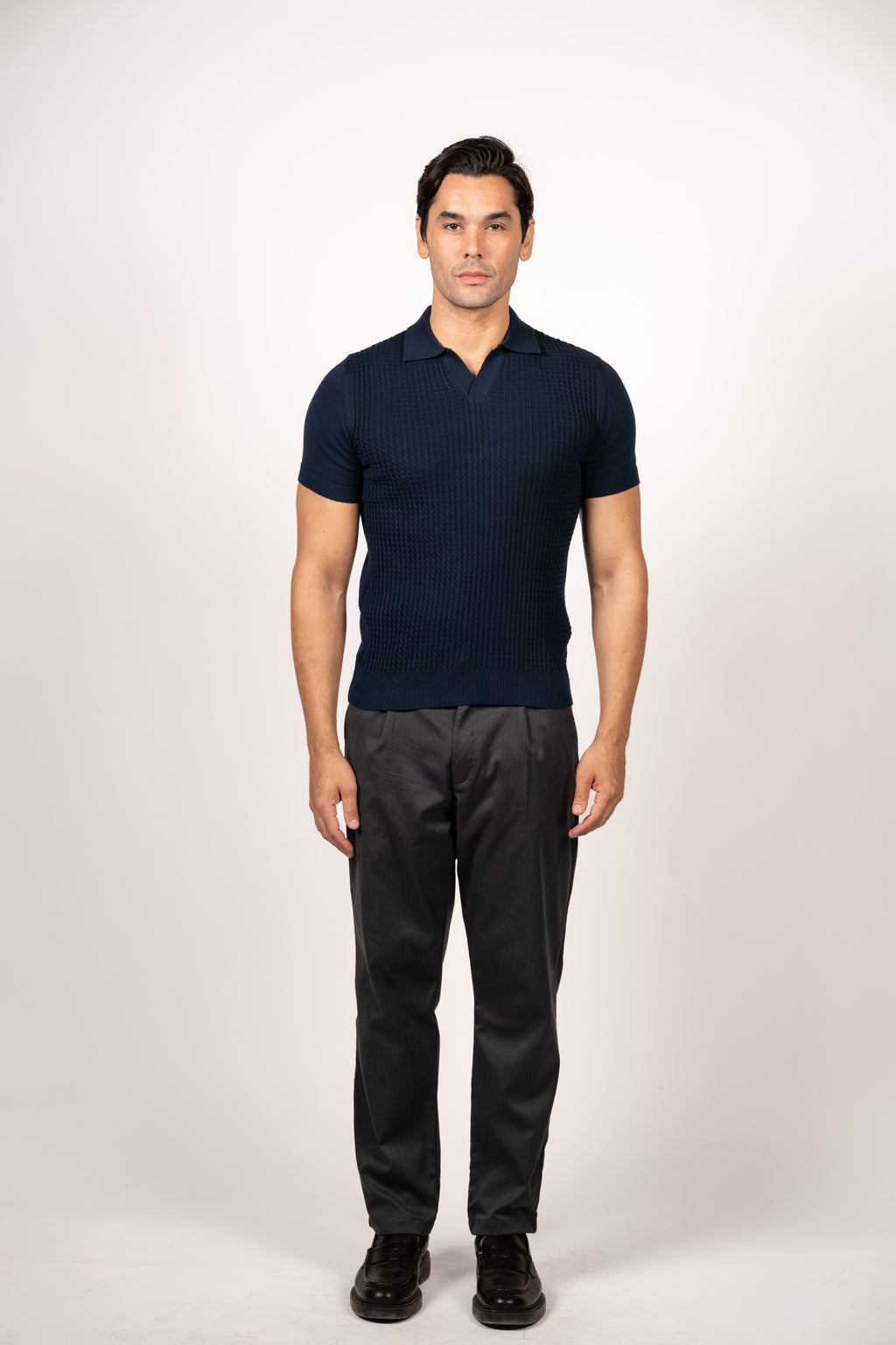 Braided Open Collar Knit Polo-Navy