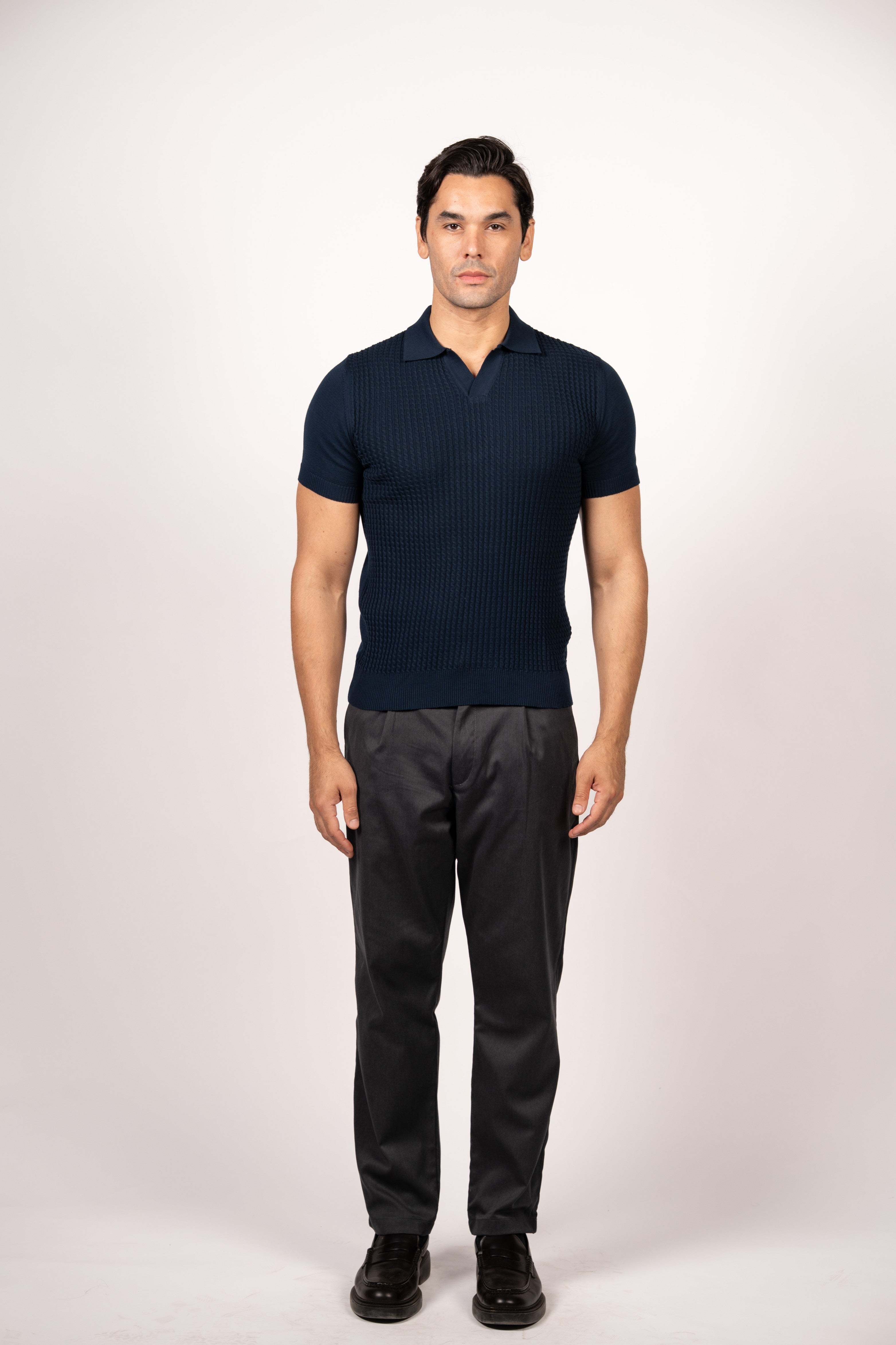 Braided Open Collar Knit Polo-Navy