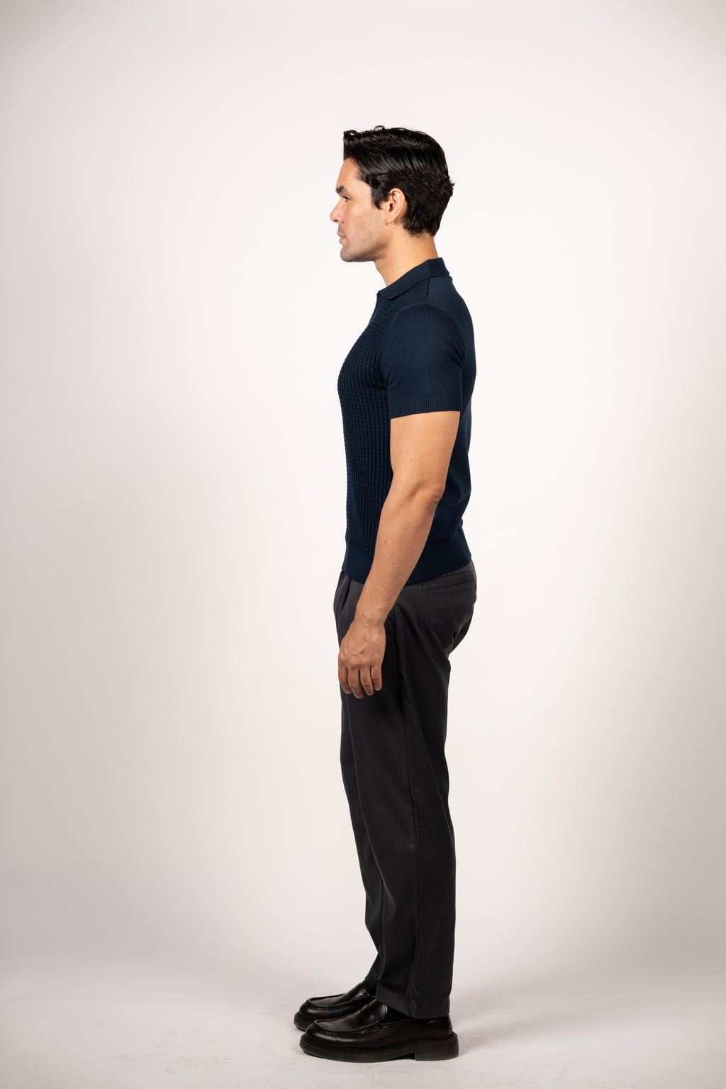 Braided Open Collar Knit Polo-Navy