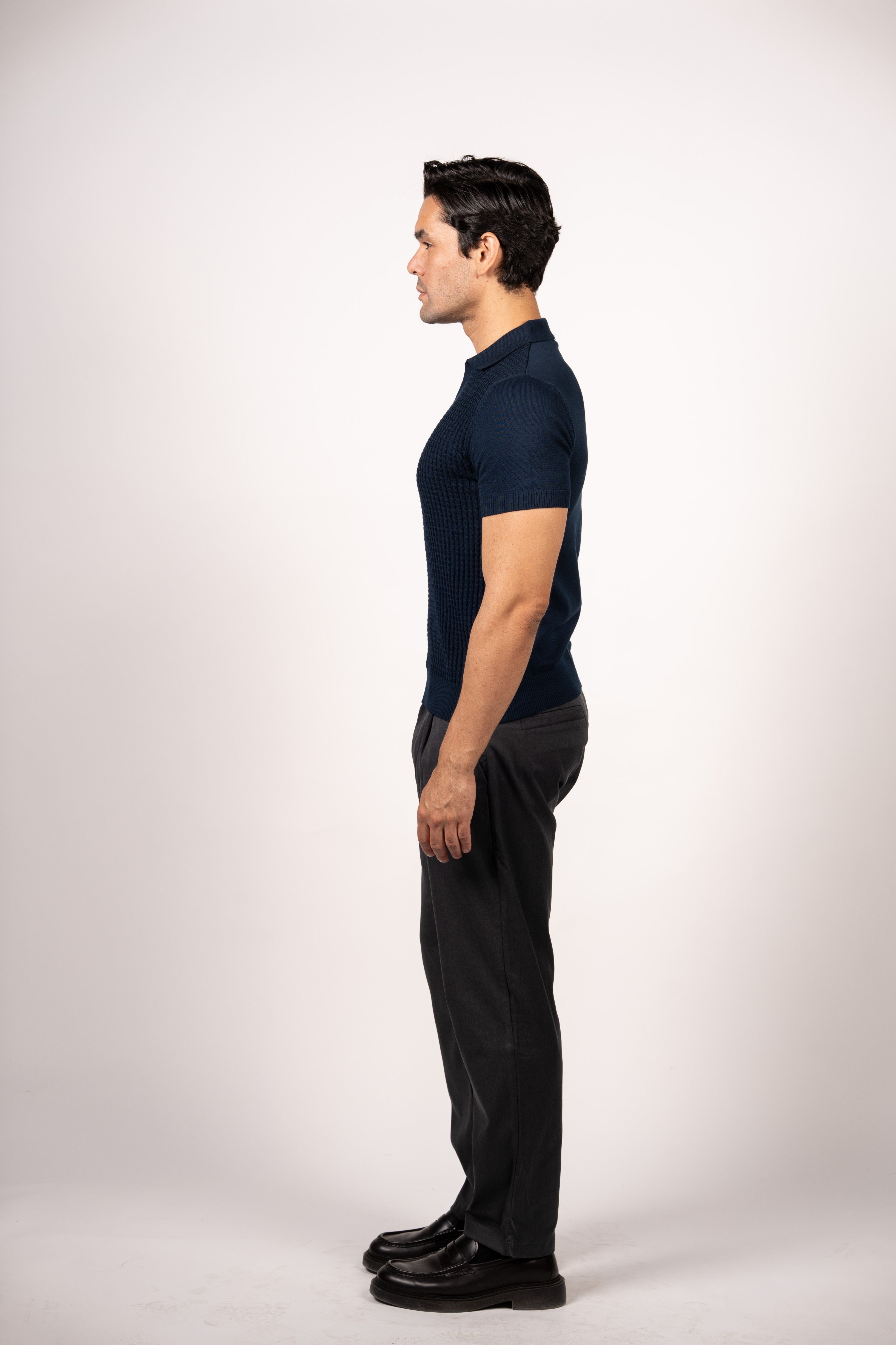 Braided Open Collar Knit Polo-Navy