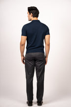 Braided Open Collar Knit Polo-Navy