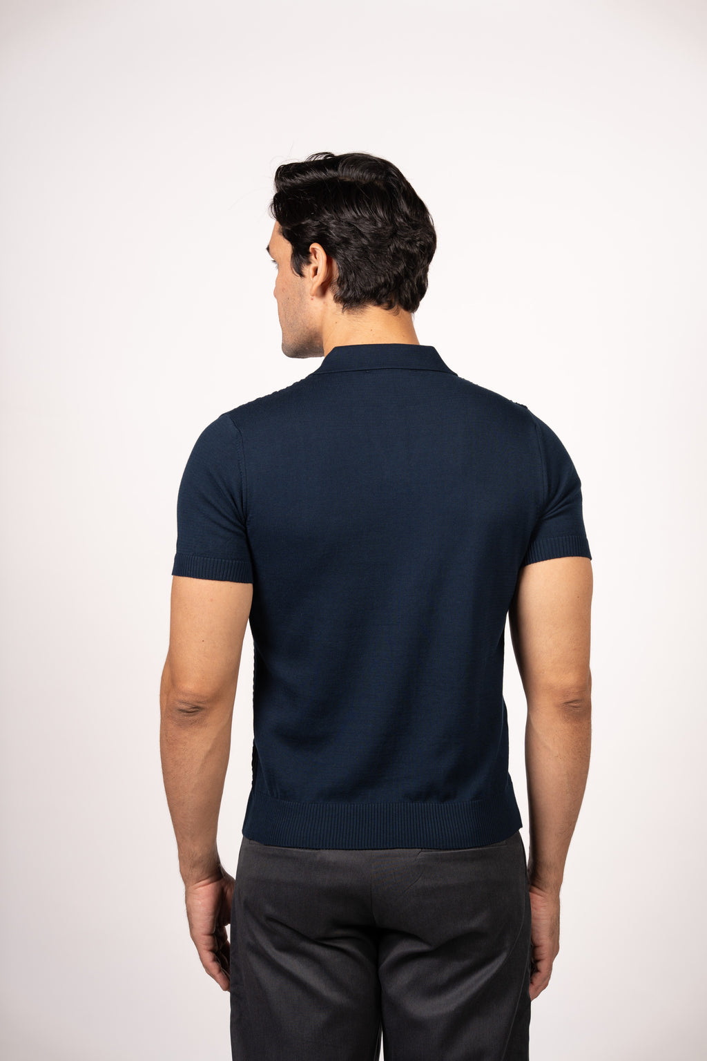 Braided Open Collar Knit Polo-Navy