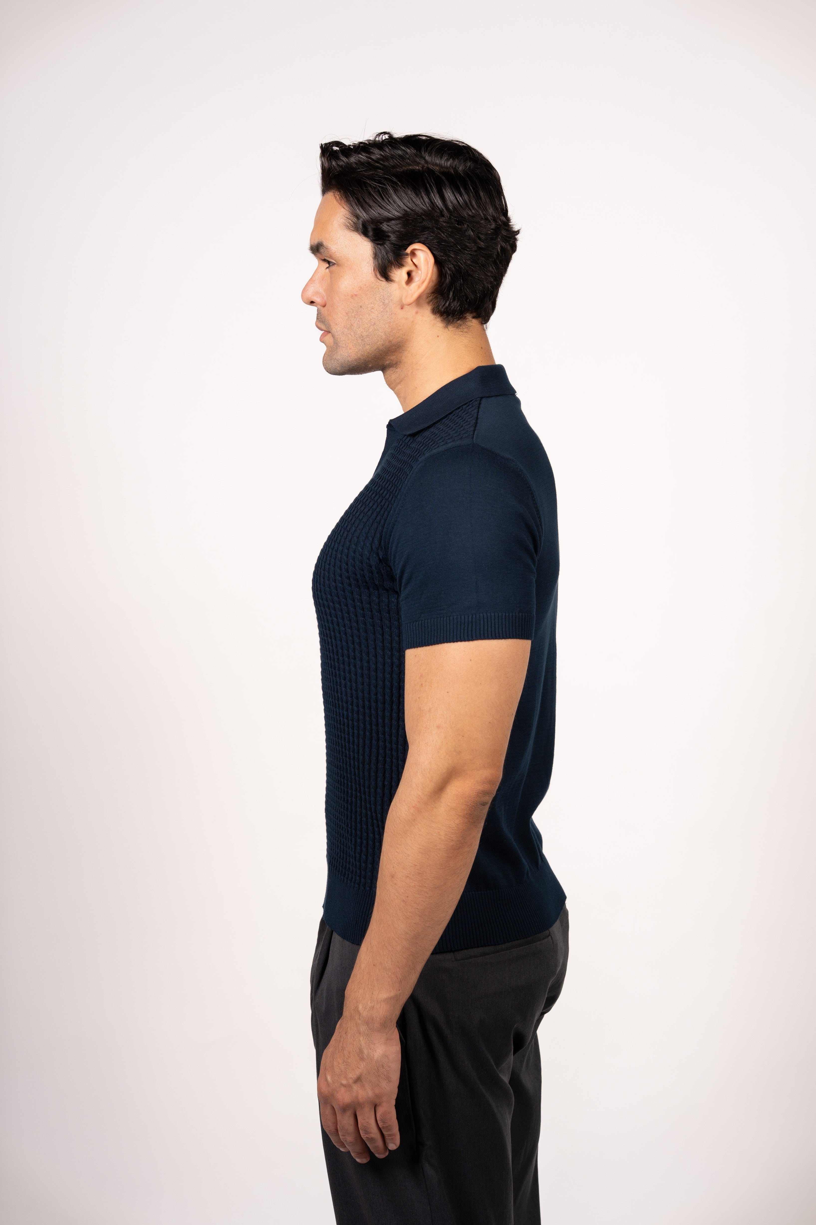 Braided Open Collar Knit Polo-Navy