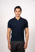 Braided Open Collar Knit Polo-Navy