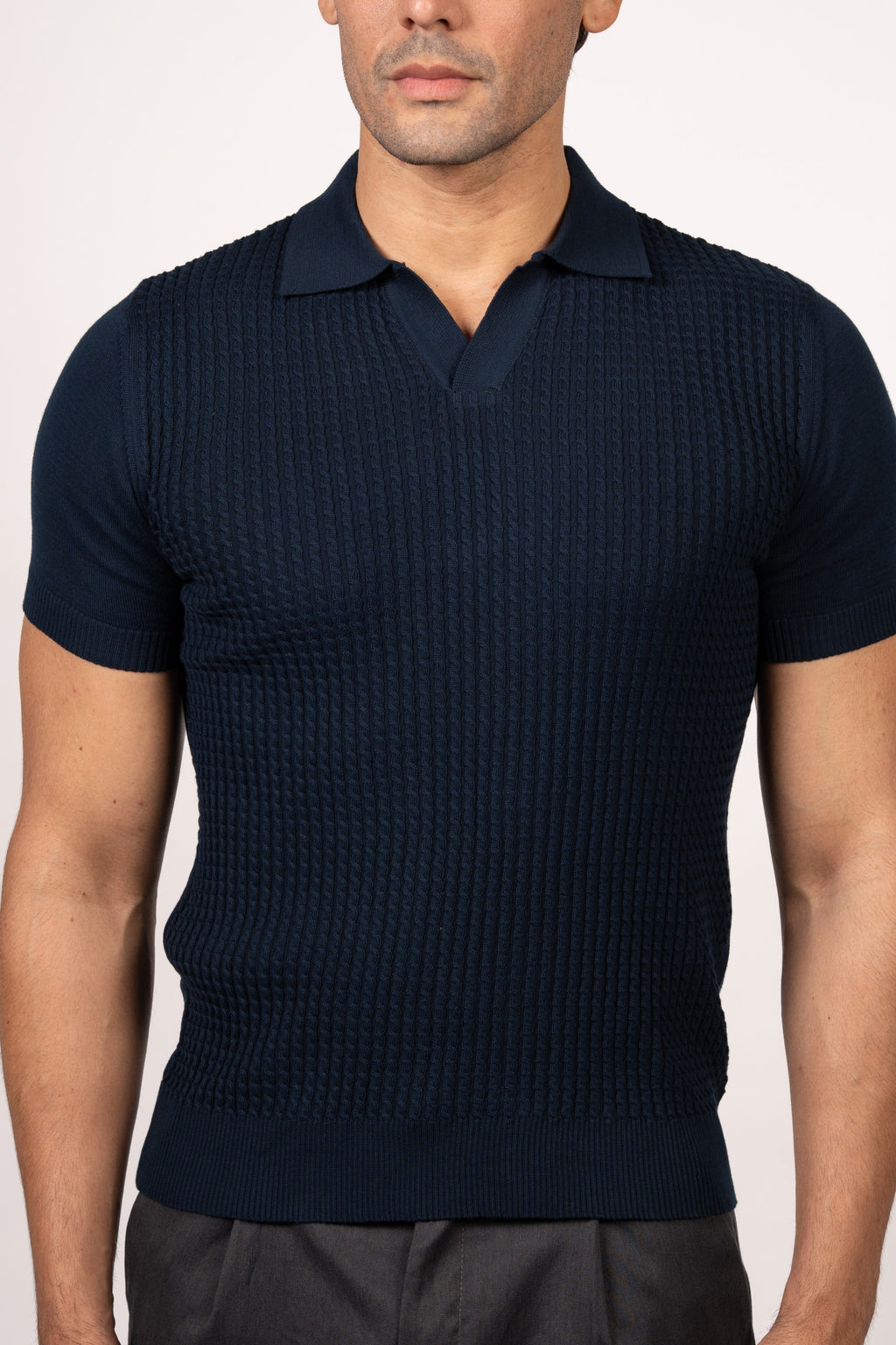 Braided Open Collar Knit Polo-Navy