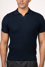 Braided Open Collar Knit Polo-Navy