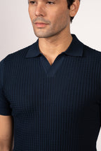 Braided Open Collar Knit Polo-Navy
