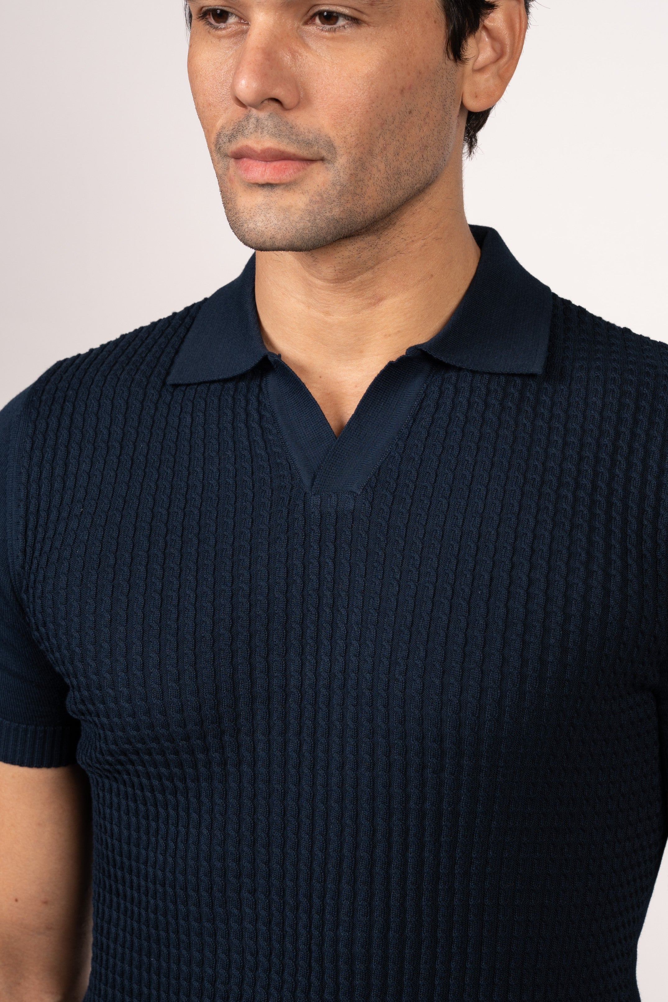 Braided Open Collar Knit Polo-Navy